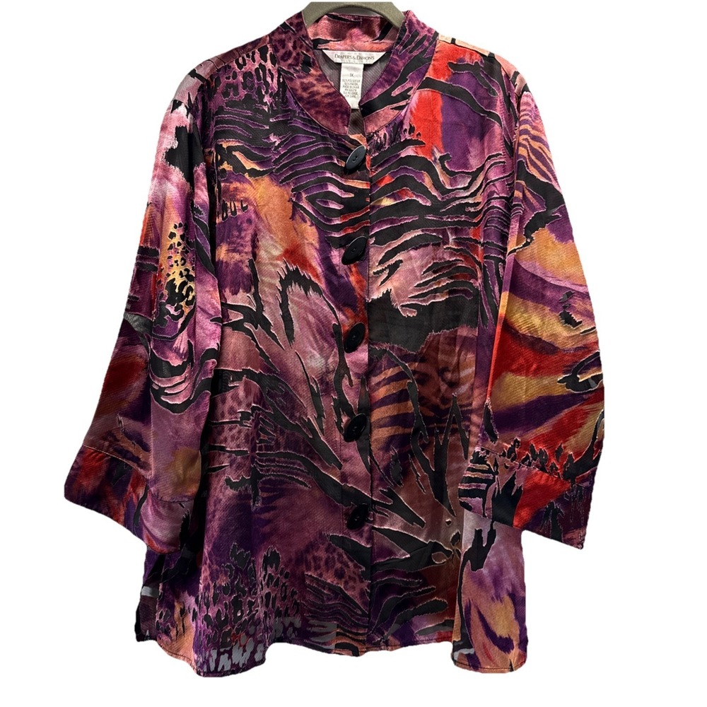 Abstract-Print Purple Silk Tunic Jacket